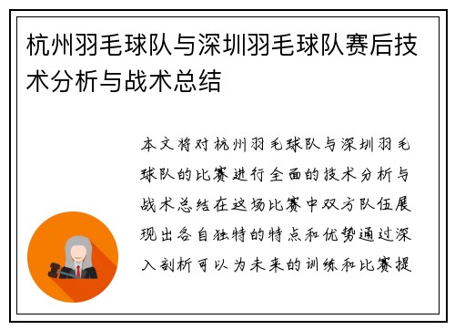 杭州羽毛球队与深圳羽毛球队赛后技术分析与战术总结
