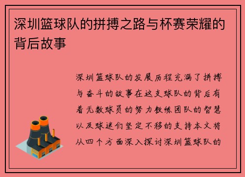 深圳篮球队的拼搏之路与杯赛荣耀的背后故事