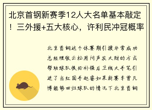 北京首钢新赛季12人大名单基本敲定！三外援+五大核心，许利民冲冠概率大增